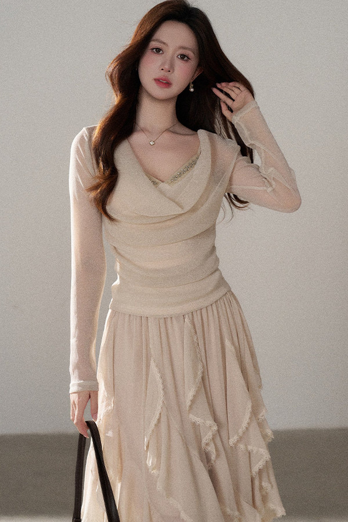 Off-Shoulder Rhinestone Knit Top and Skirt Set-Up