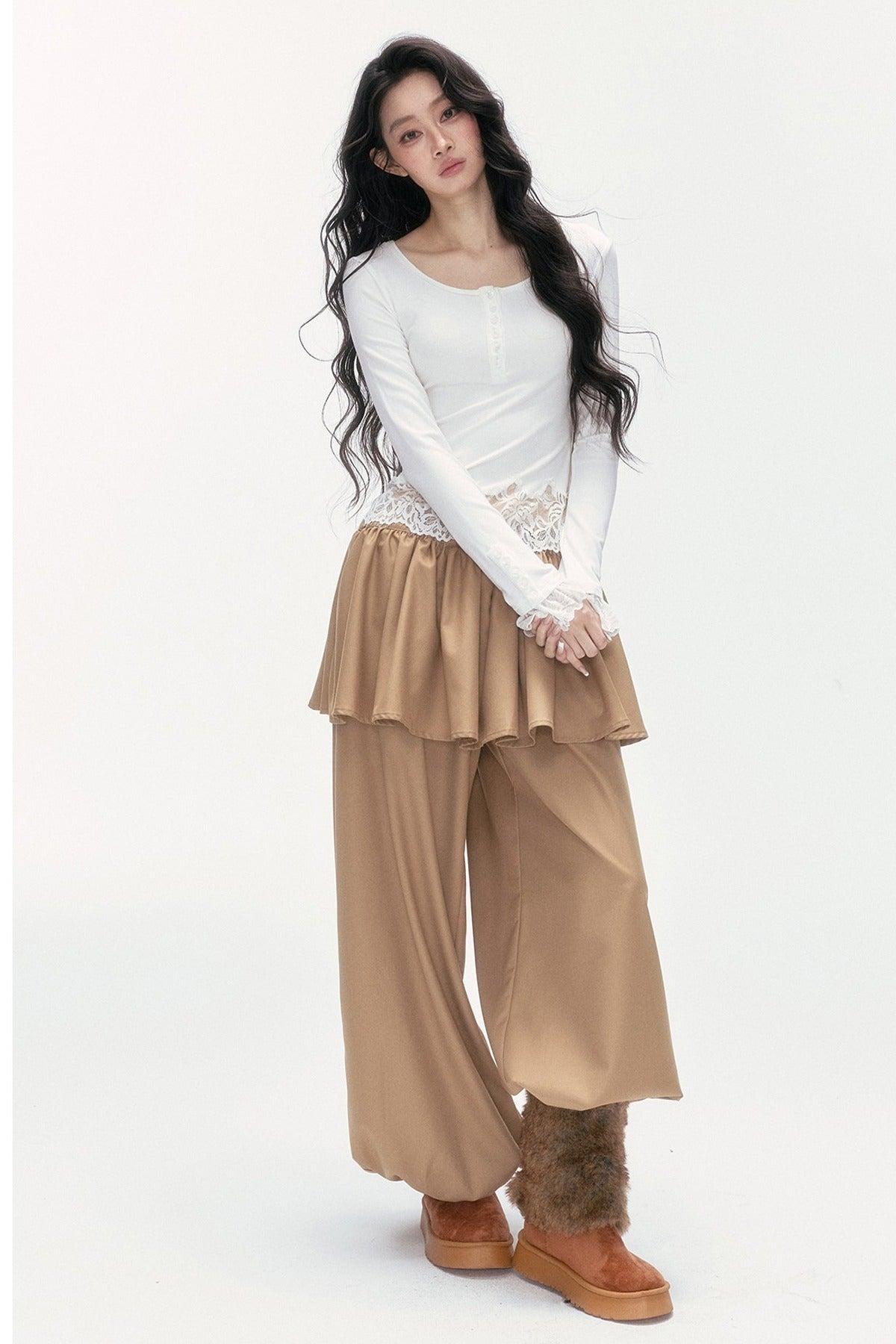 Asymmetrical Lace Henley Long-Sleeved Shirt