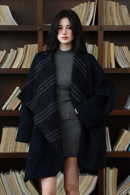 Navy Blue Plaid Reversible Woolen Coat