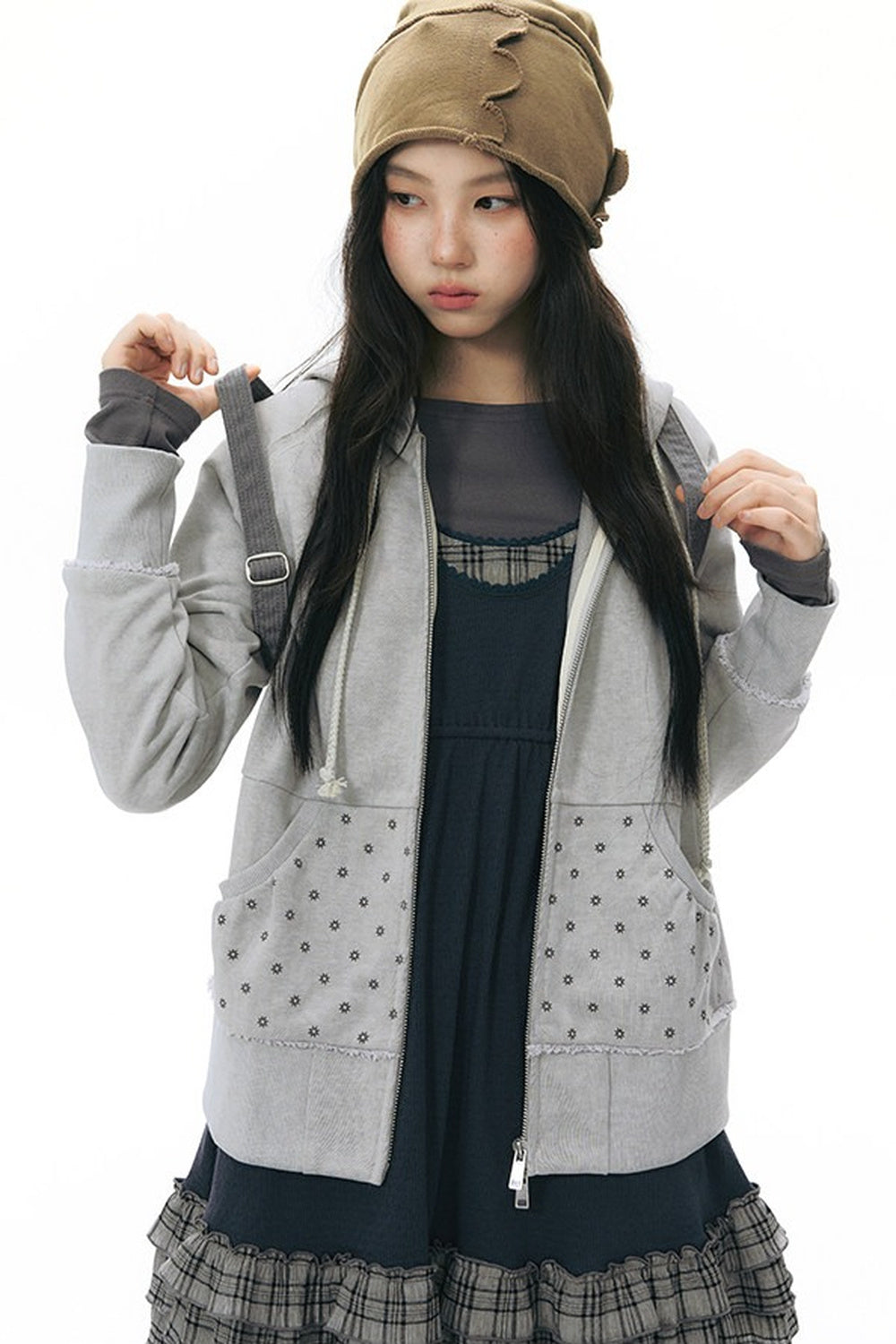 Distressed Floral Print Hooded Open Front Jacket