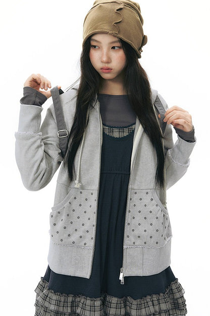 Distressed Floral Print Hooded Open Front Jacket