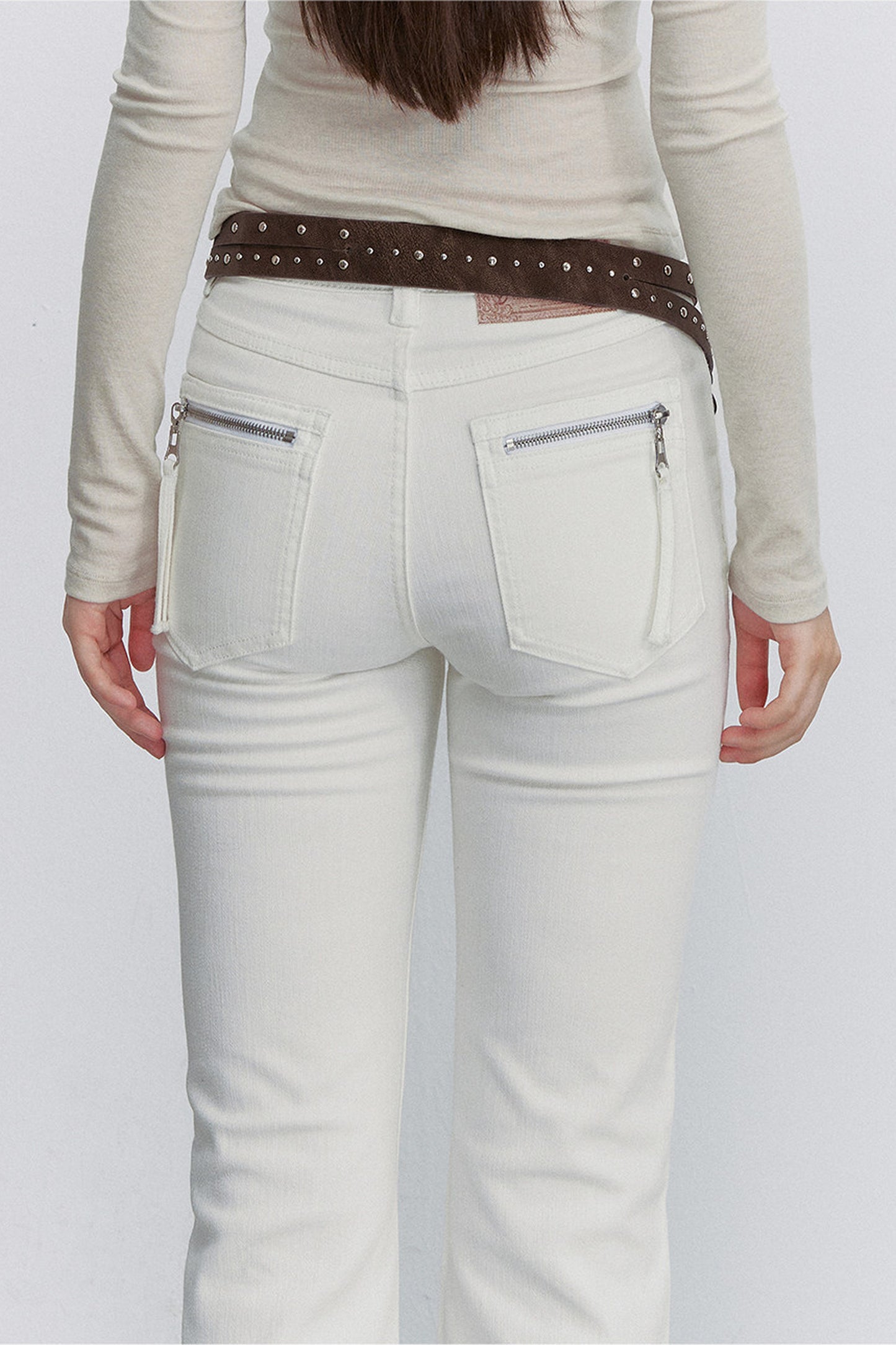 White Bamboo Texture Flared Denim Pants