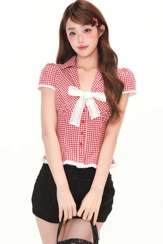 Red White Plaid Bow Short Sleeve Blouse