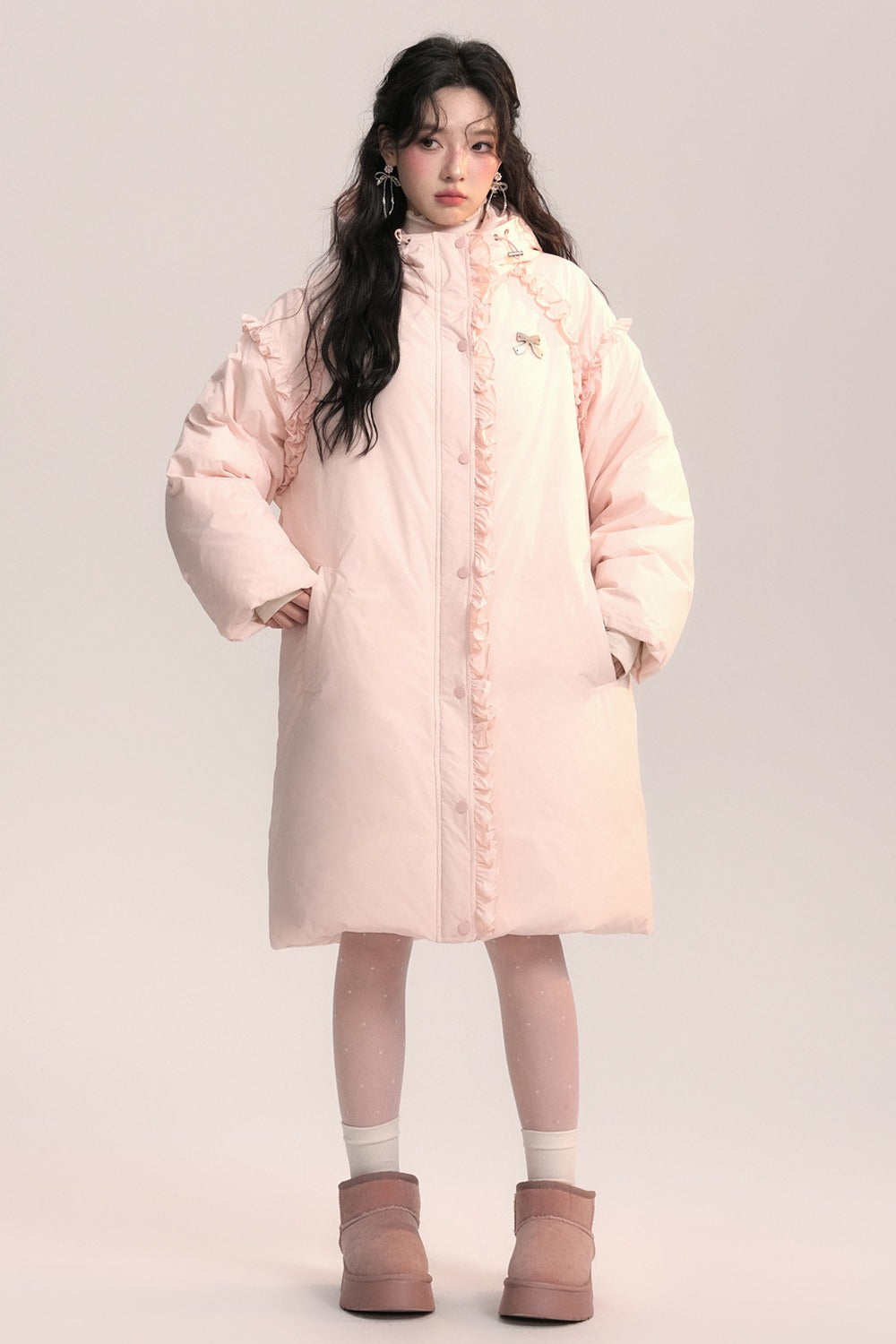 Lace Trim Long Down Jacket
