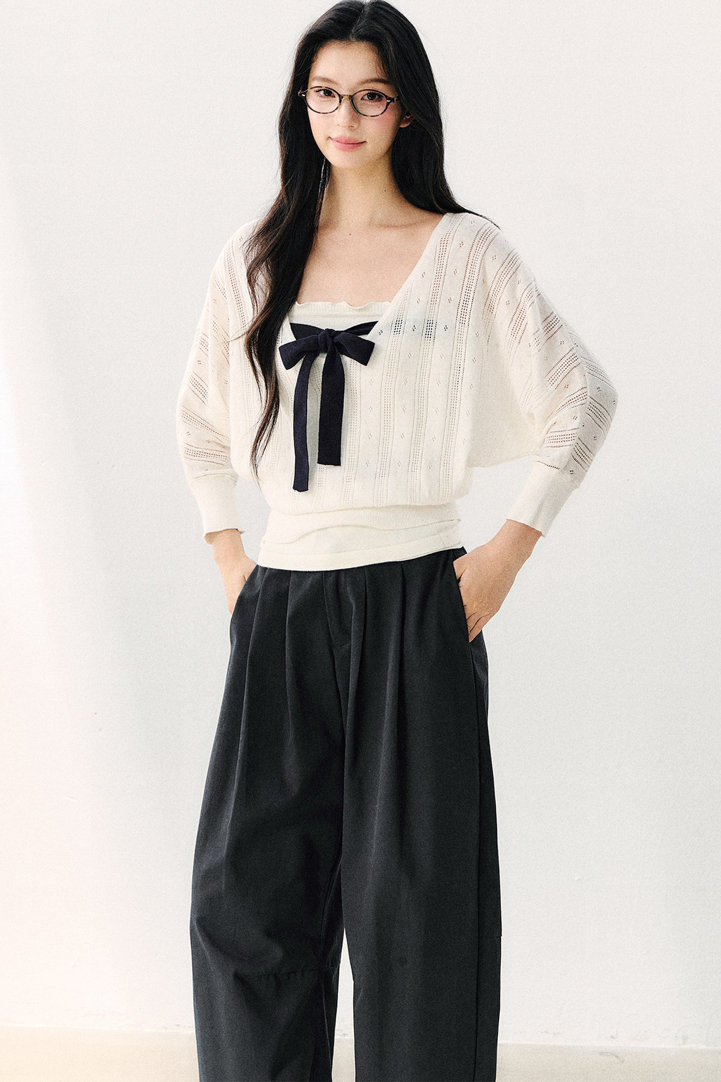 Bowknot Hollow-Out Knit Cardigan And Inner Top Set