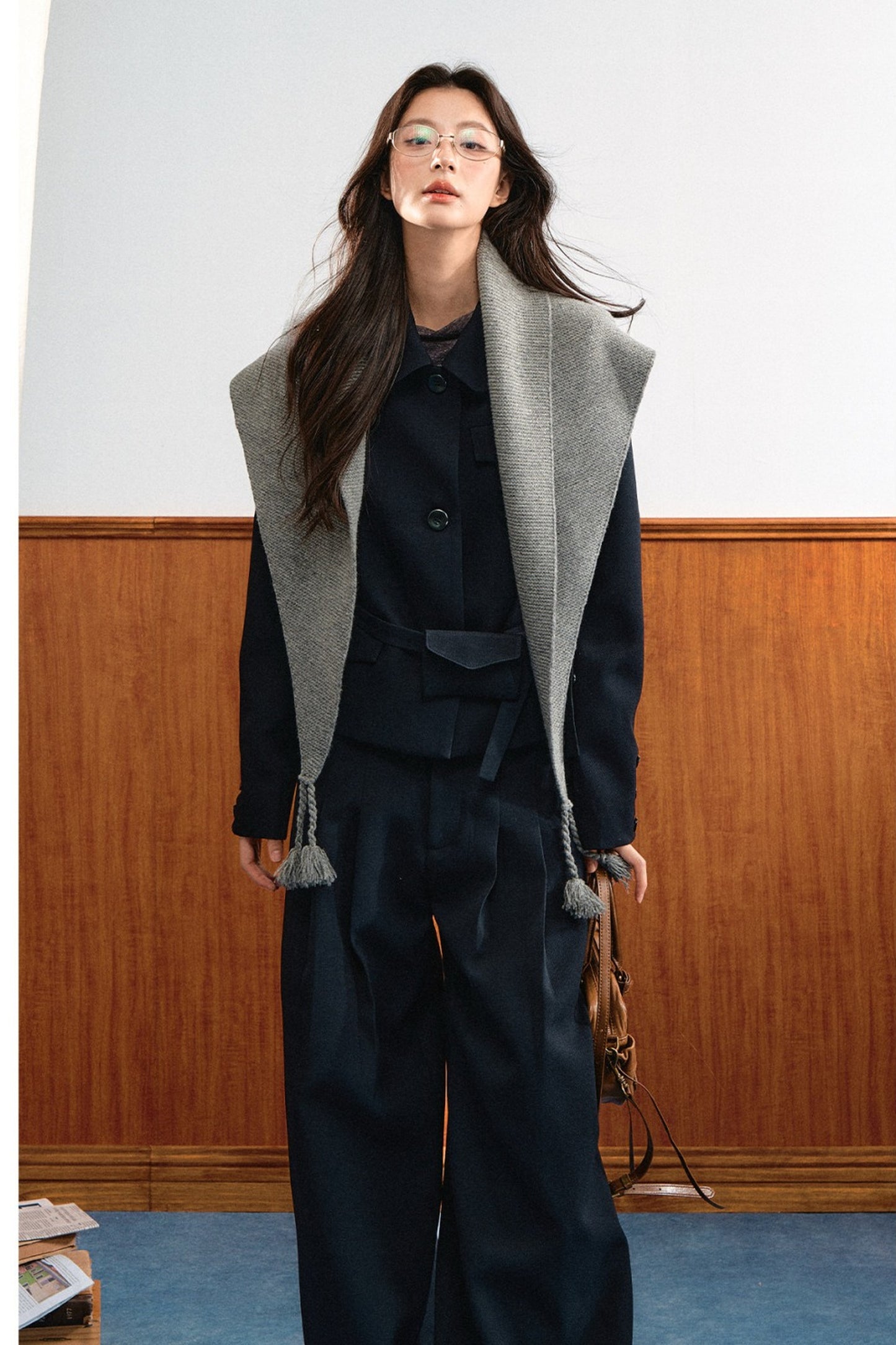 American Retro Lapel Top and Wide-Leg Pants Set-Up