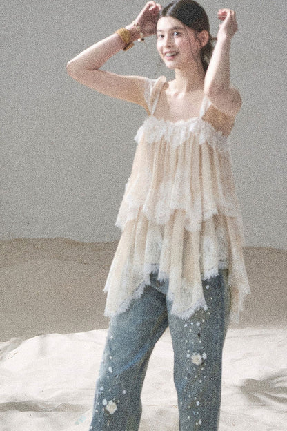 Asymmetric French Lace Mesh Top Set