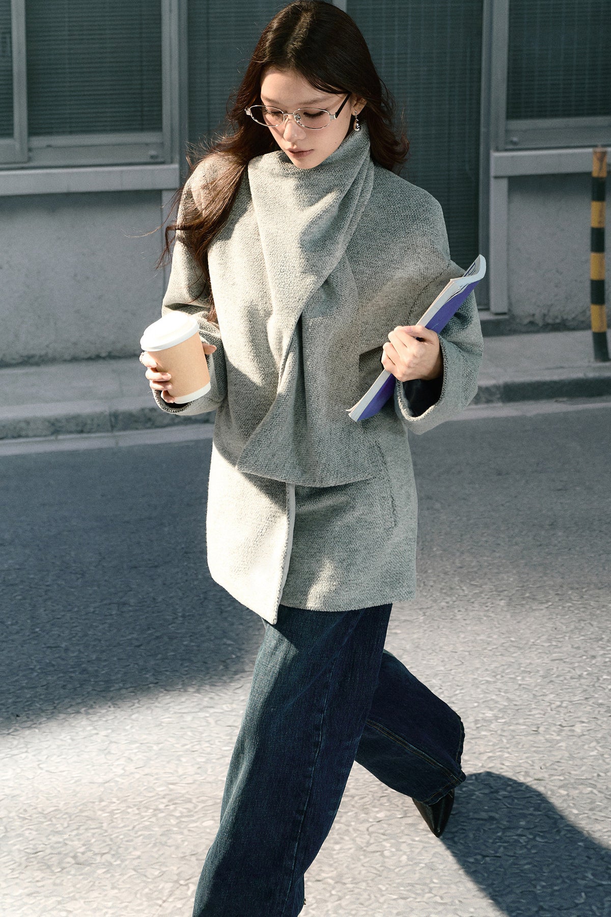 Asymmetrical Scarf Collar Woolen Jacket