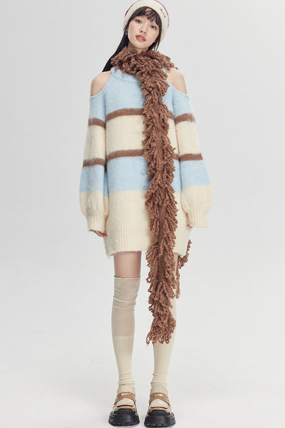 Off-Shoulder Striped Knit Sweater
