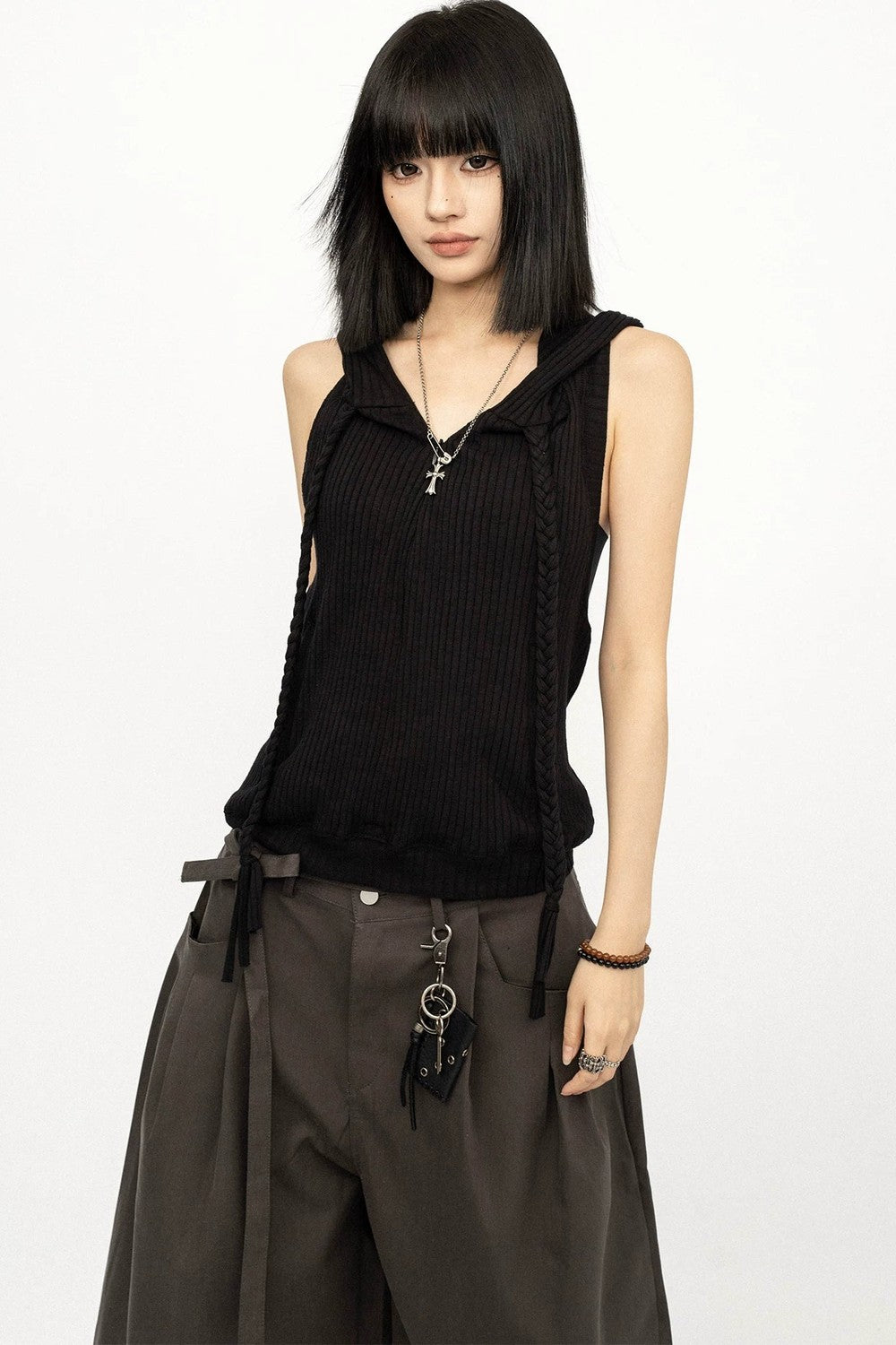Black Hooded Vest Top