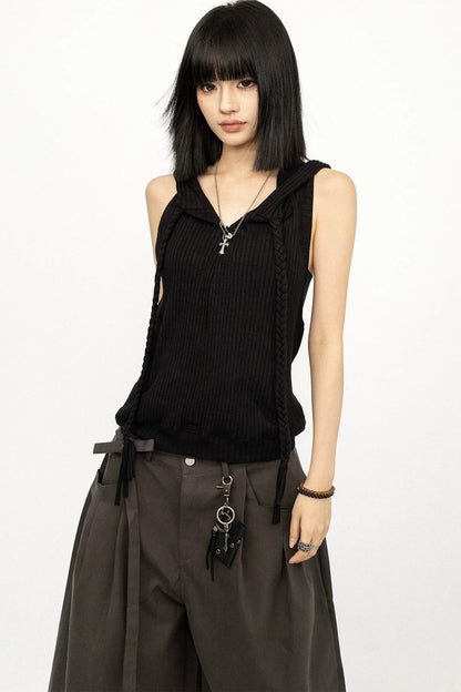 Black Hooded Vest Top