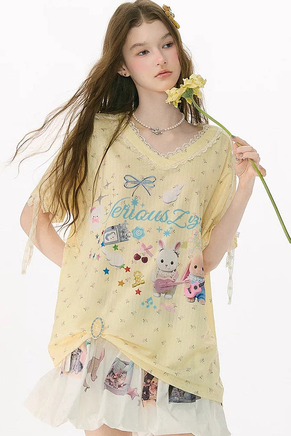Yellow V-Neck Lace Floral T-Shirt