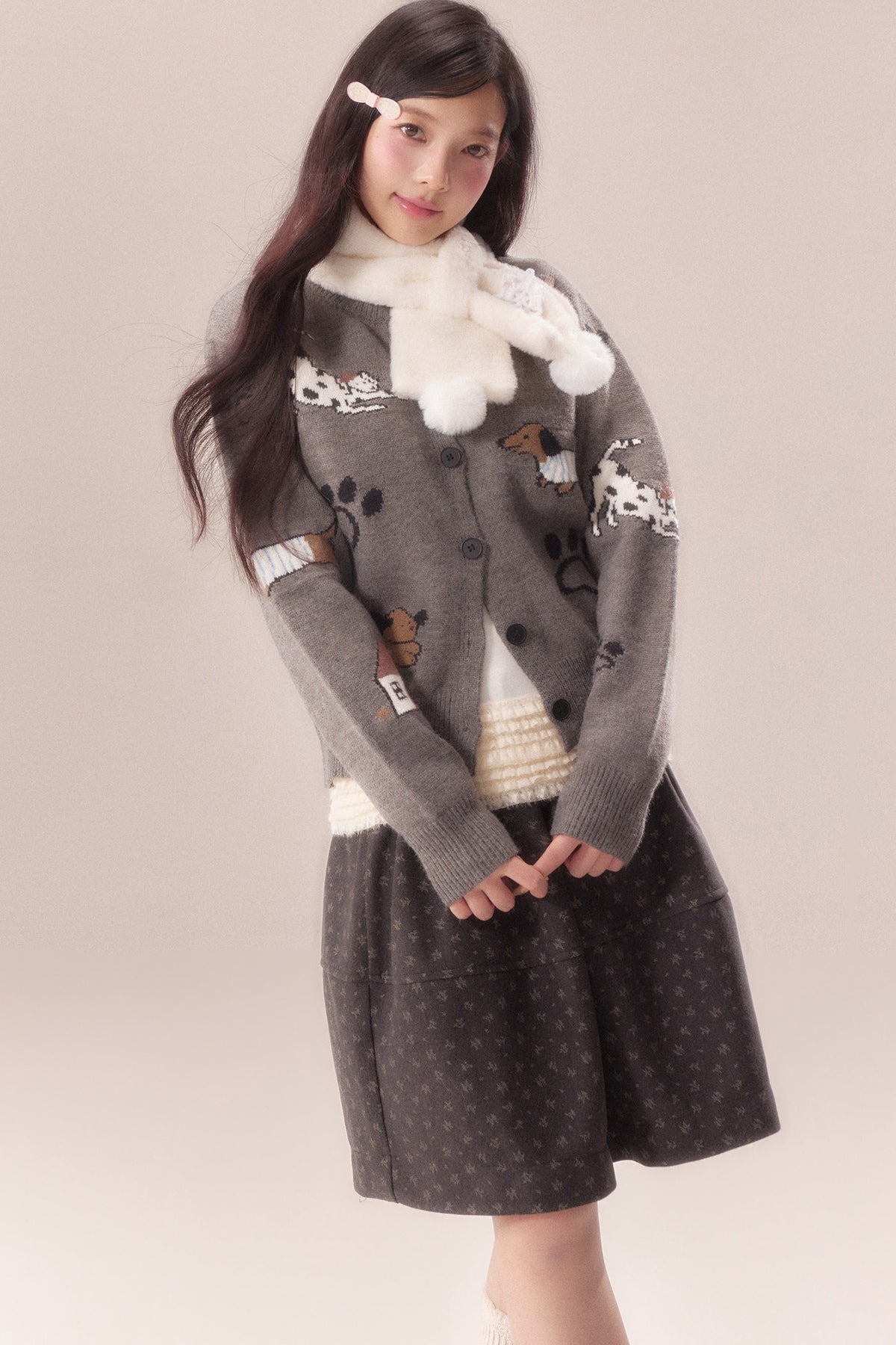 Paw Print Jacquard Knit Cardigan