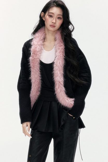 Detachable Fur Collar Batwing Knit Cardigan