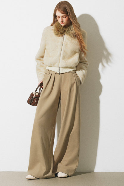 Dünne Wollhose mit asymmetrischem Bund und weitem Bein