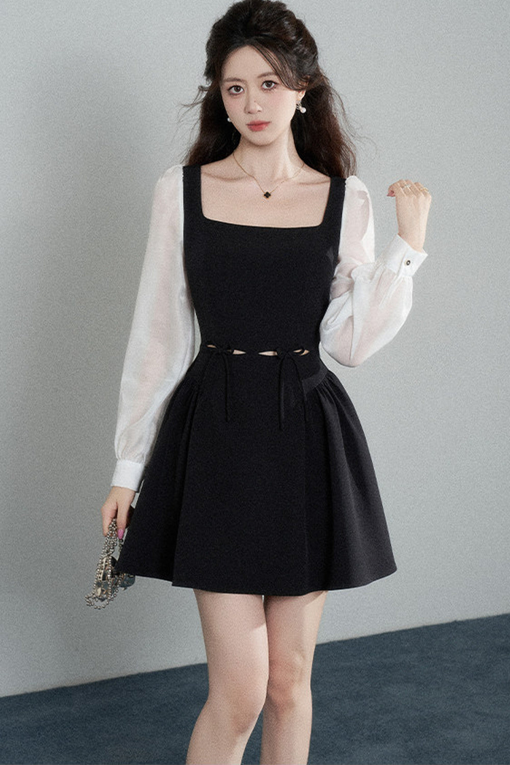 Black Square-Neck Hollow-Out Dress
