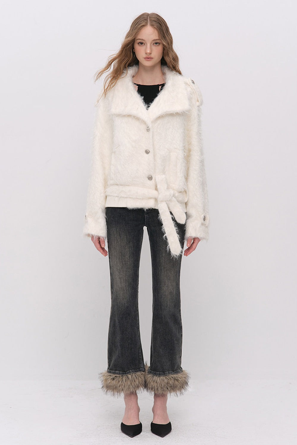 Detachable Frayed Hem Washed Flared Jeans