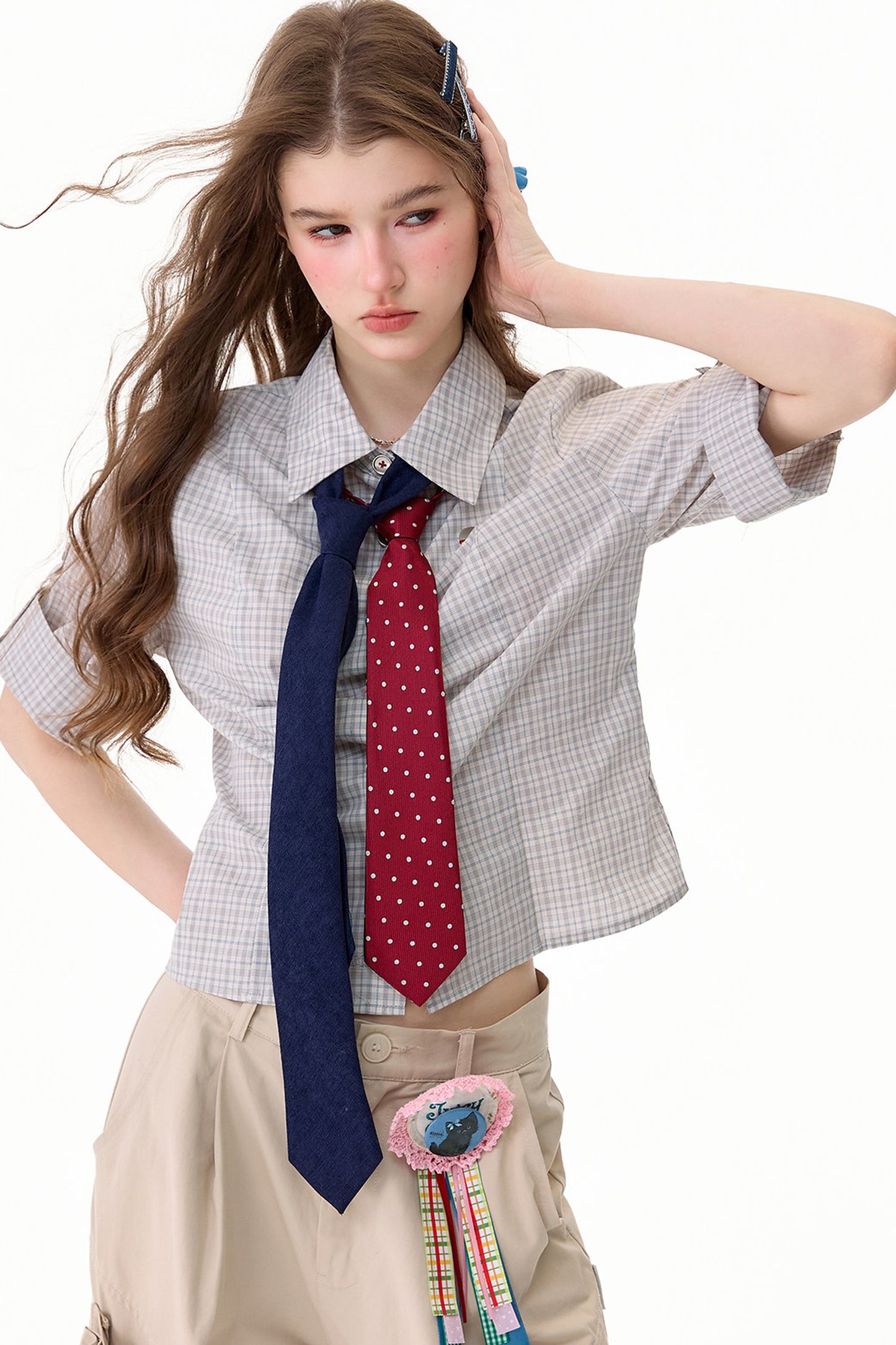 Camicia a maniche corte a quadri grigio chiaro