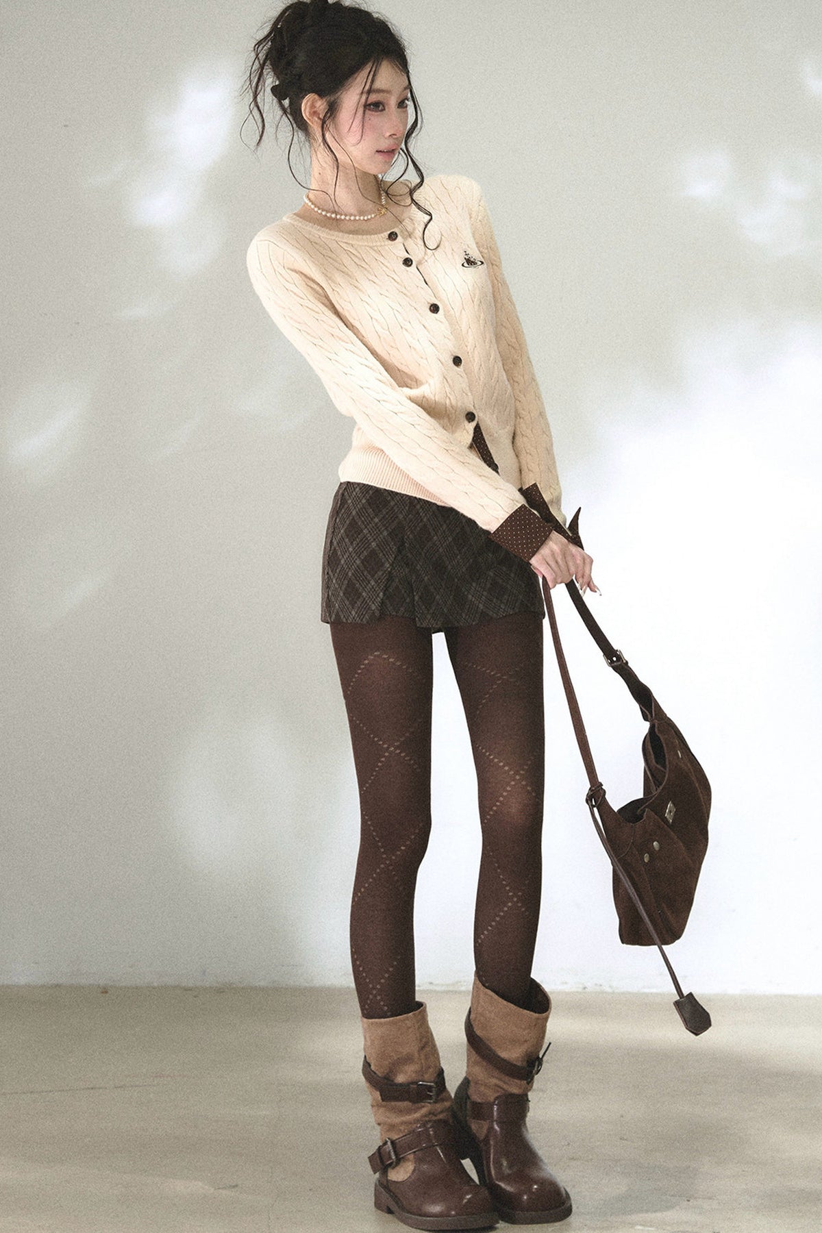 Color-Blocked Polka Dot Cable Knit Cardigan