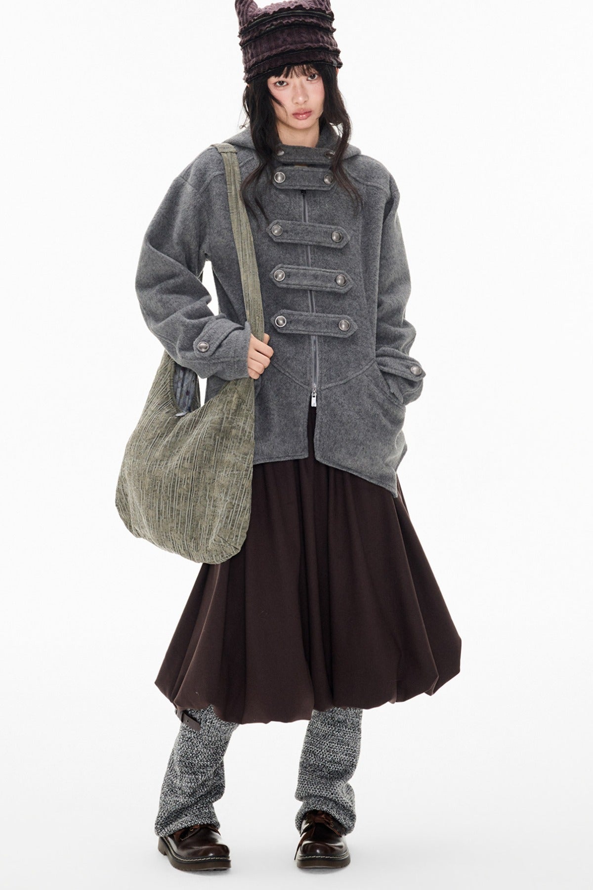 Woolen Hooded Irregular Hem Jacket