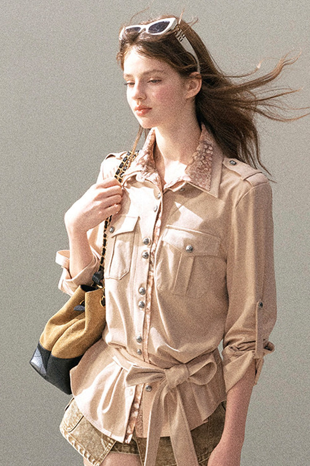 Floral Collar Belted Shirt