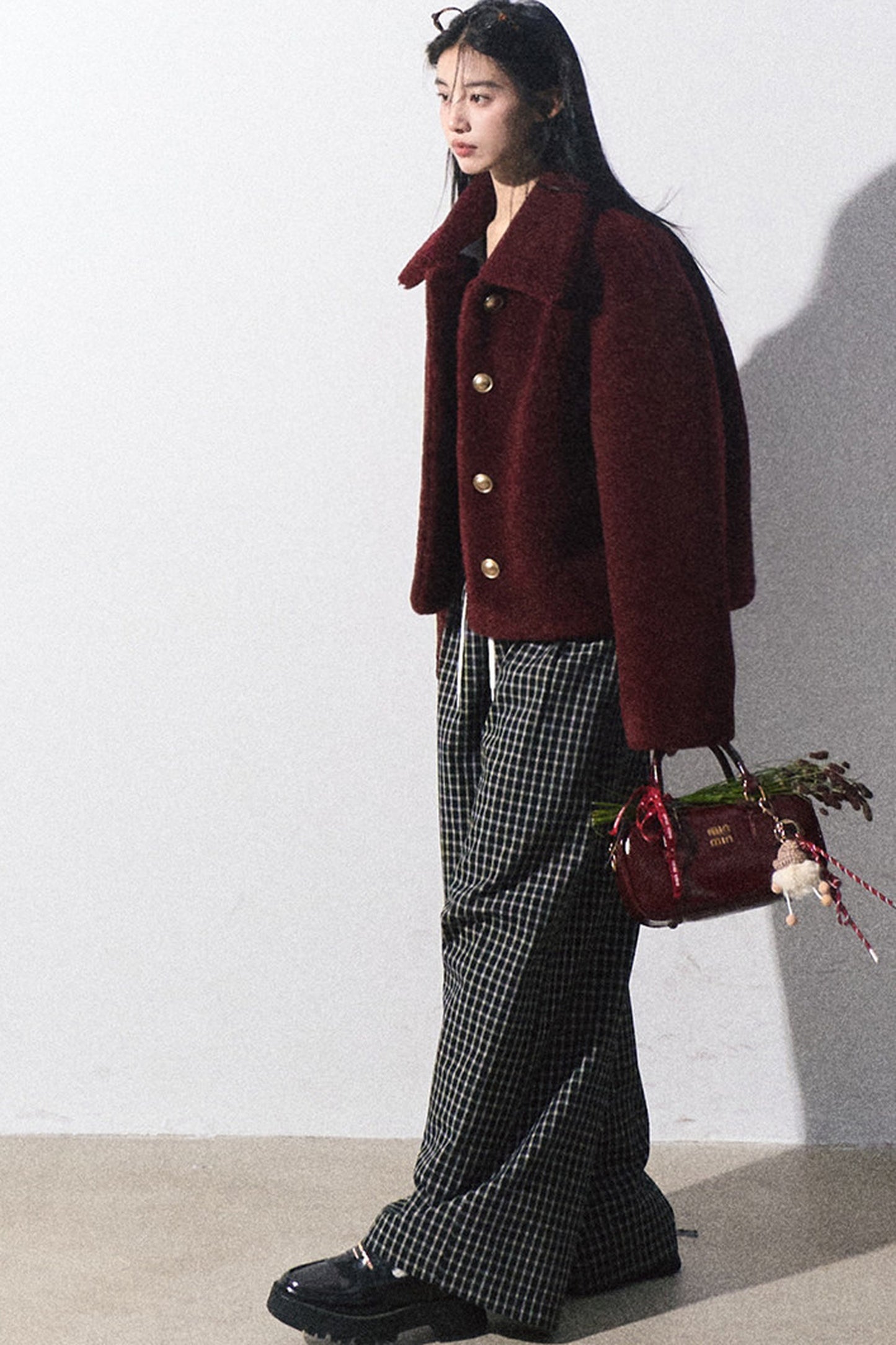Drawstring Plaid Wide-Leg Pants