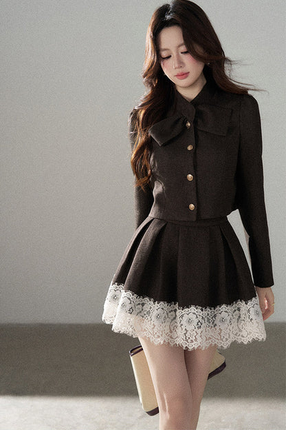 Coffee Lace Splicing Jacket and Skirt Set-Up