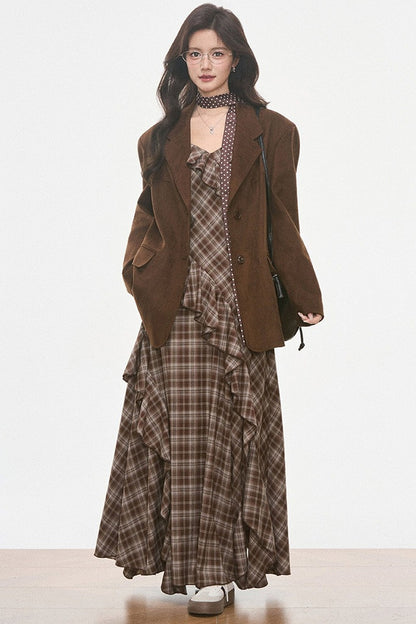 Petite Suede Blazer and Plaid Dress Set-Up