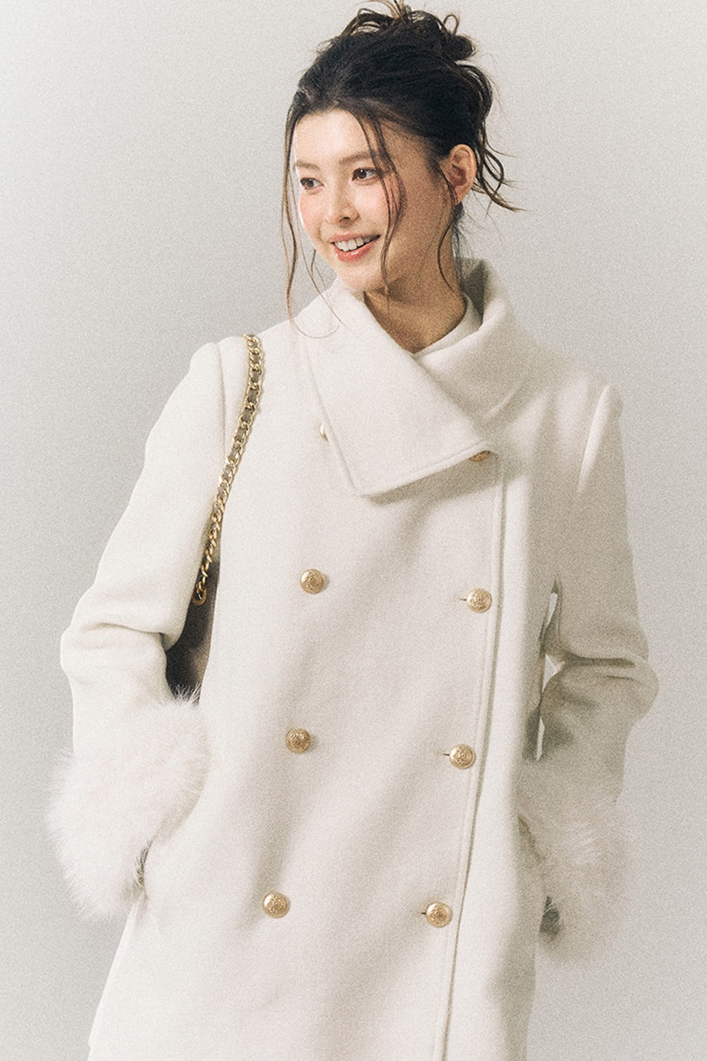 White Wool Detachable Fur Sleeve Coat