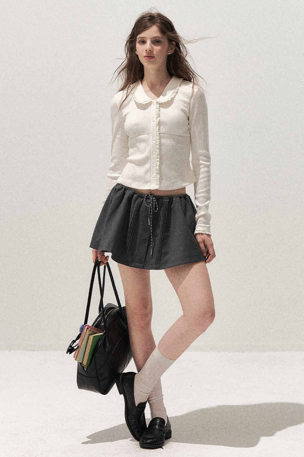 Doll Collar Textured Hollow Floral Cardigan