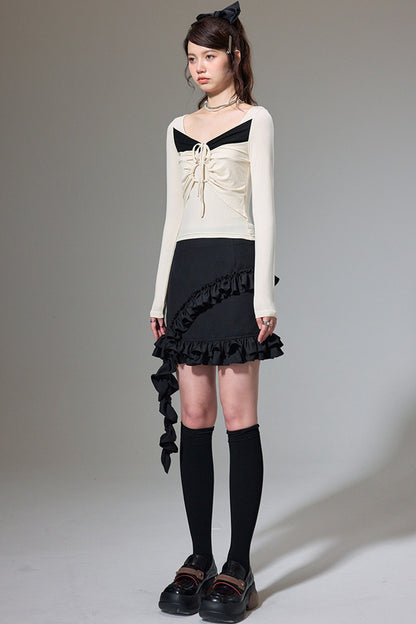 Square Neck Color-Block Knit Top and Skirt Set