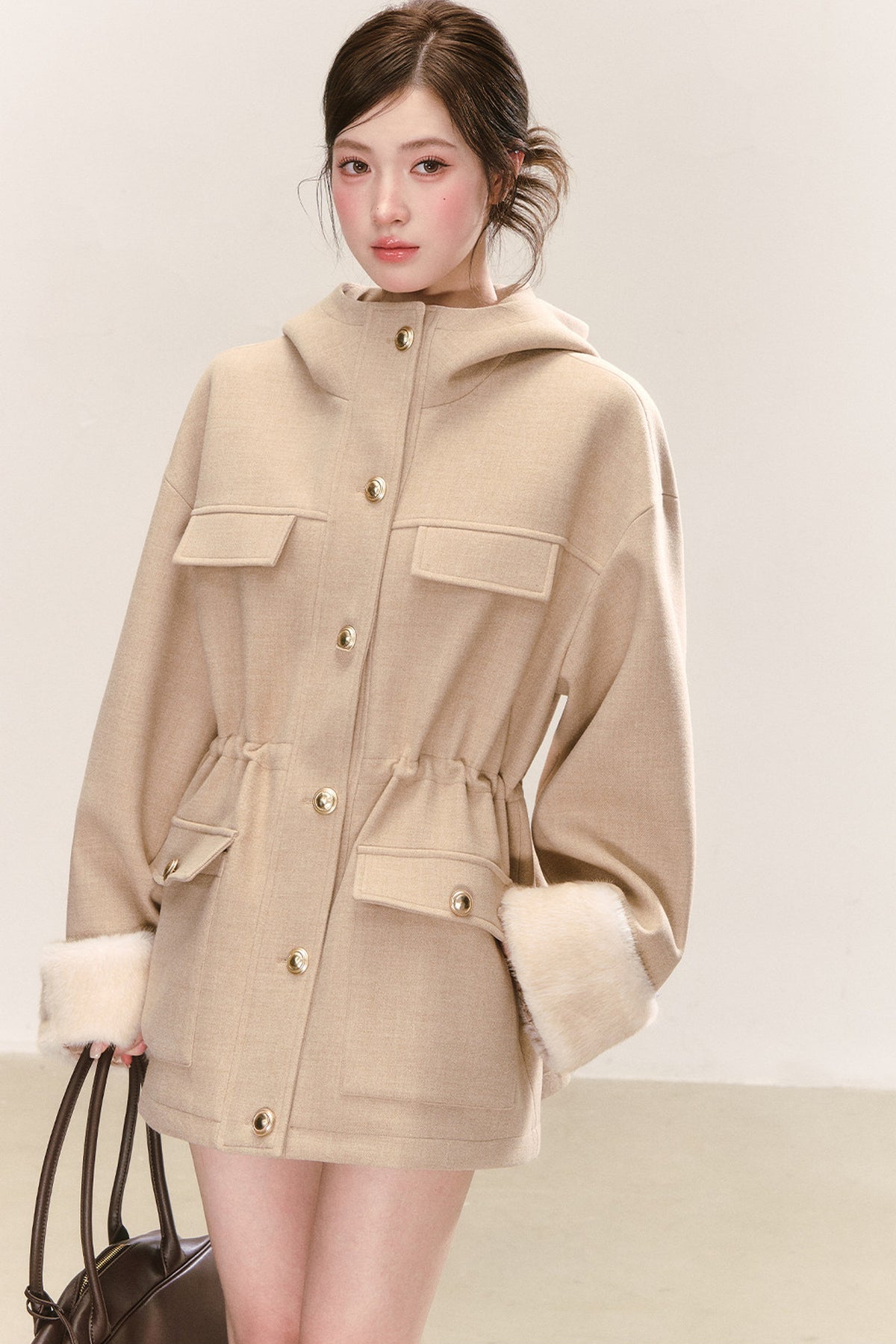 Multi-Pocket Hooded Woolen Parka Jacket