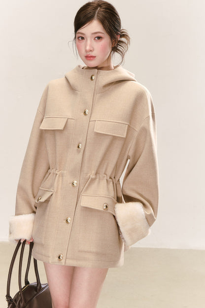 Multi-Pocket Hooded Woolen Parka Jacket