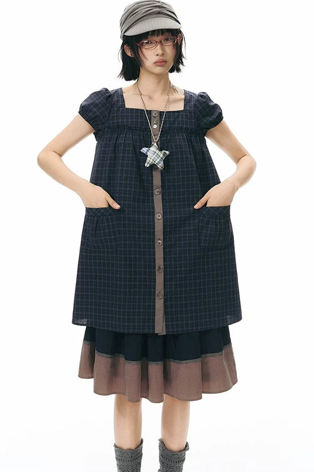 Plaid Puff Sleeve Babydoll Dress