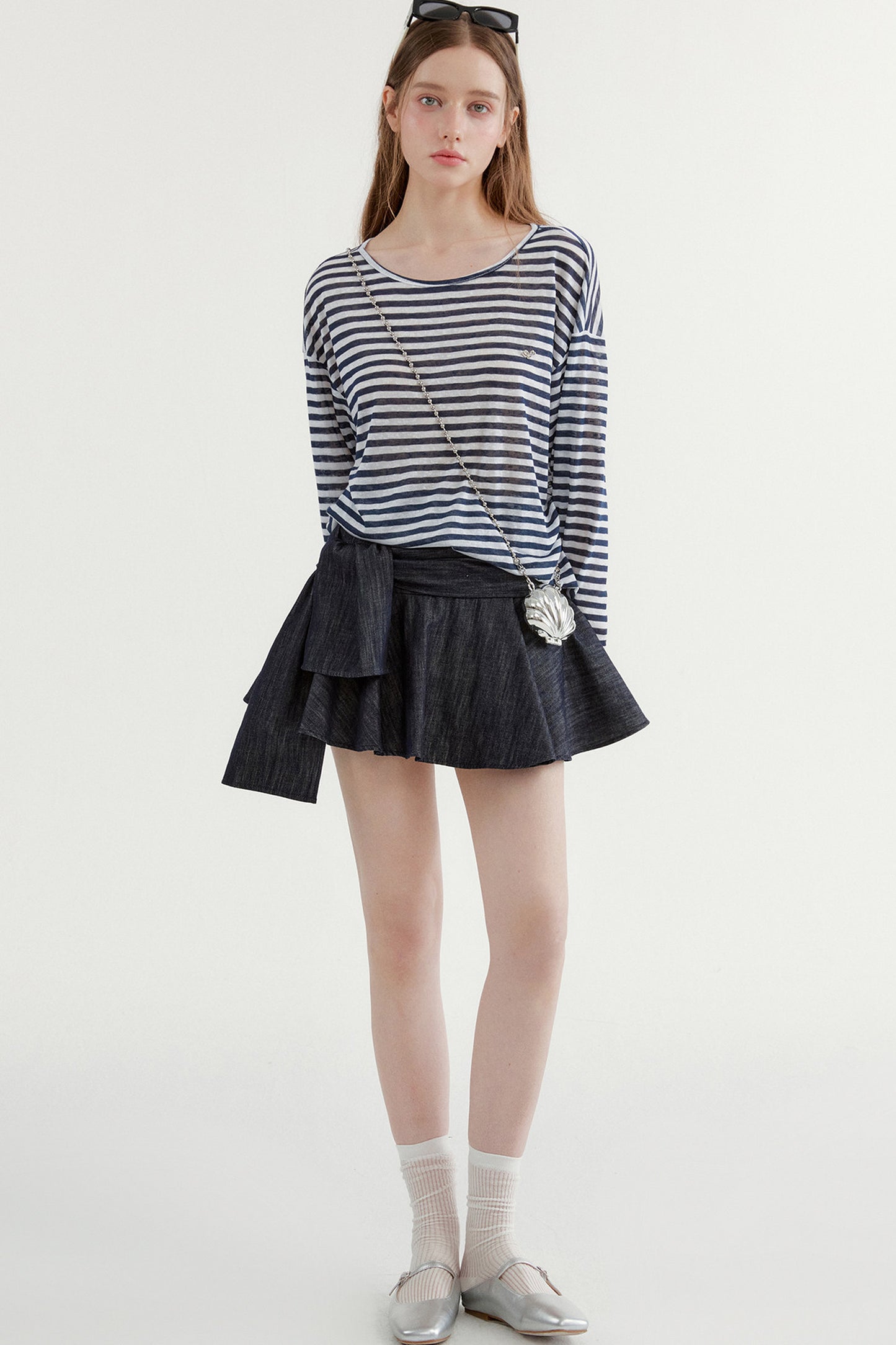 Navy Striped Long-Sleeve Top and A-Line Denim Skirt Set