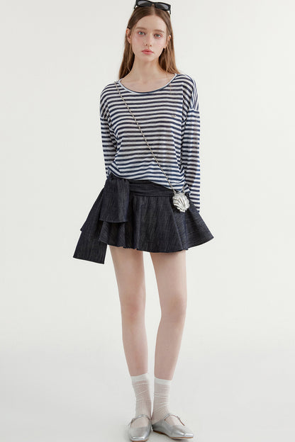 Navy Striped Long-Sleeve Top and A-Line Denim Skirt Set