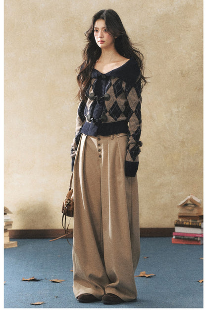 Khaki Wide-Leg Casual Pants