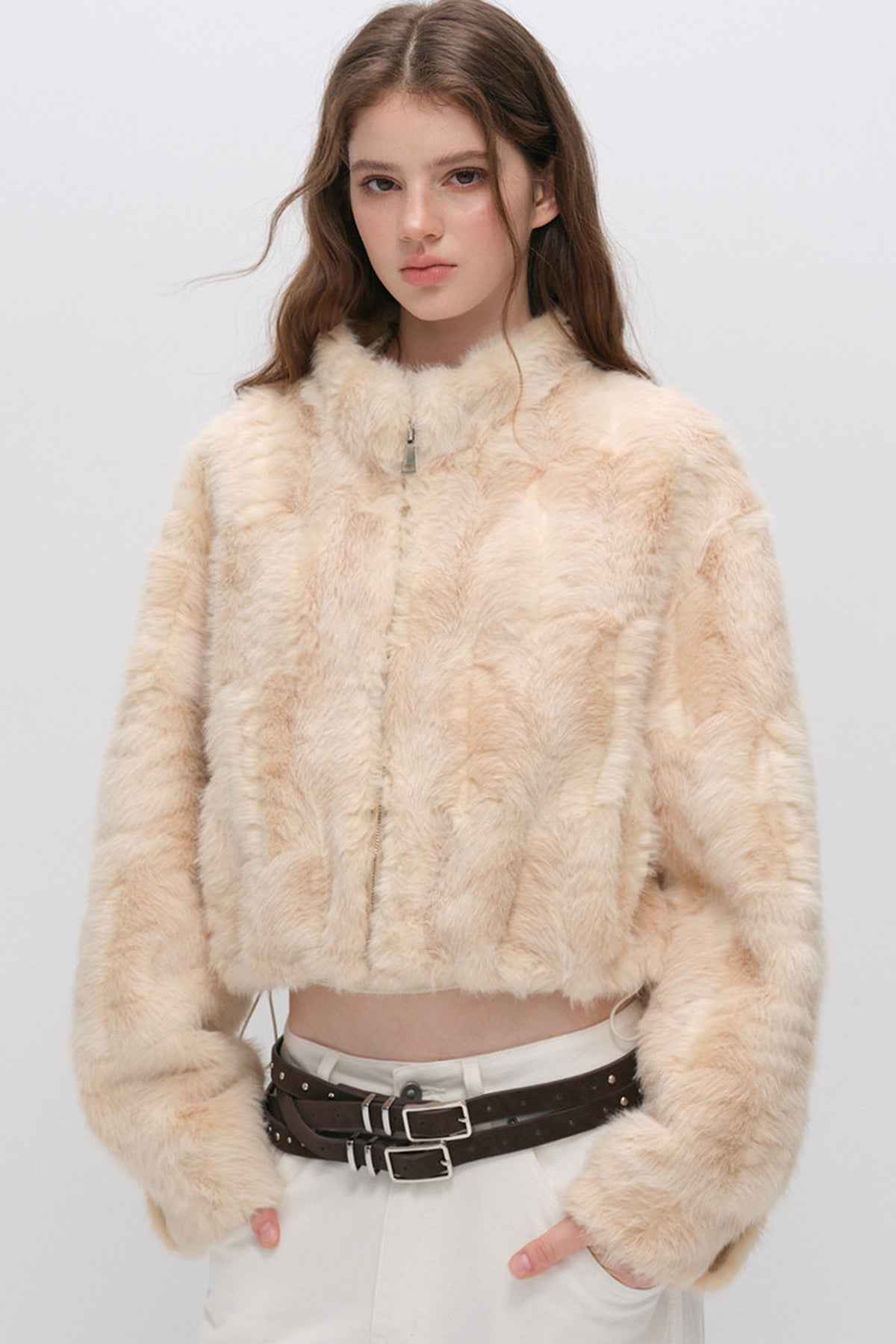 Stand Collar Faux Fur Jacket