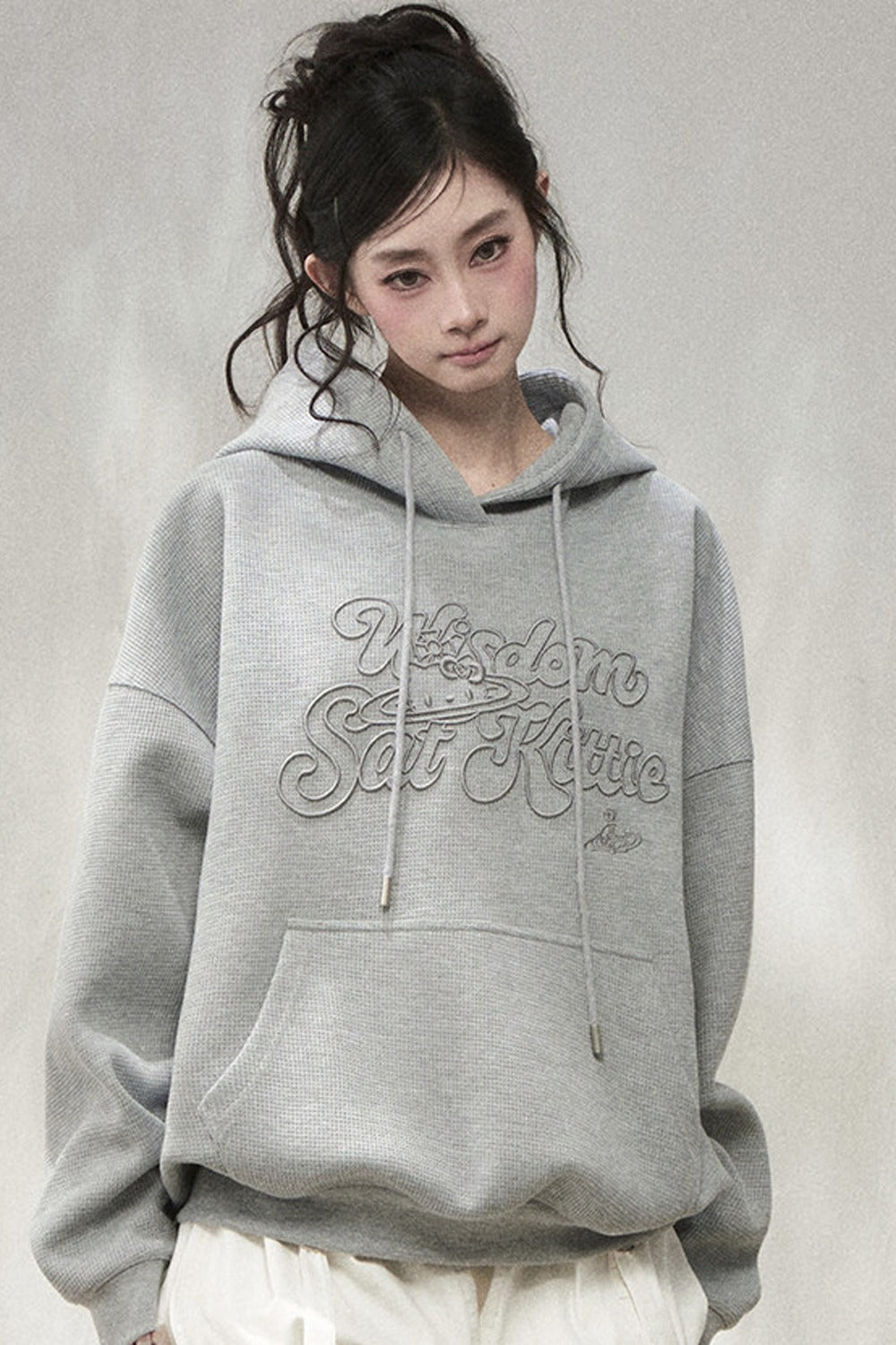 3D Embroidered Cat Waffle Hooded Sweatshirt