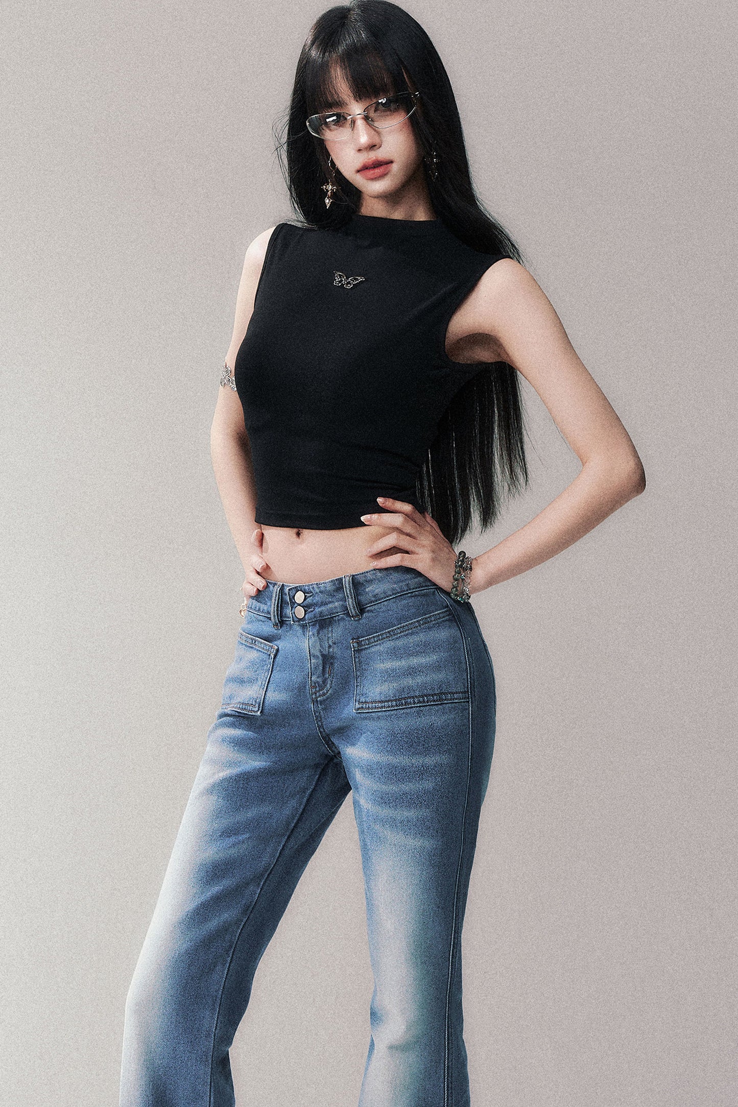Sleeveless Mid-Neck High-Waisted Crop T-Shirt
