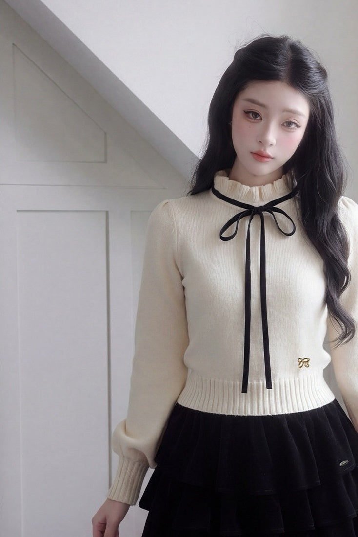 Bow High-Neck Knit Sweater and Skirt Set-Up