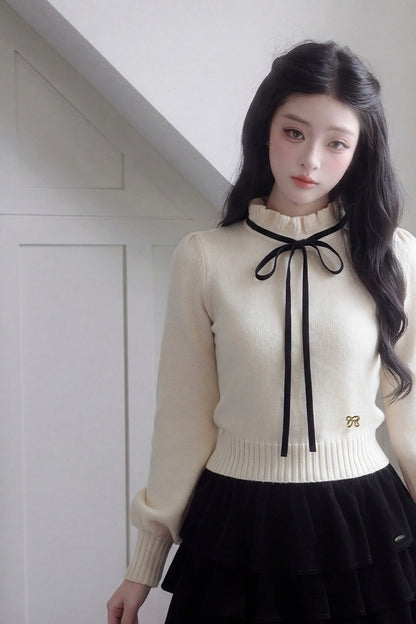 Bow High-Neck Knit Sweater and Skirt Set-Up