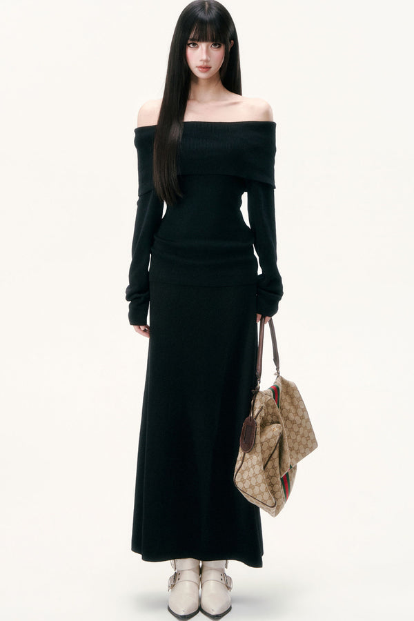 One-Shoulder Wool Knit Top and Long Skirt Set