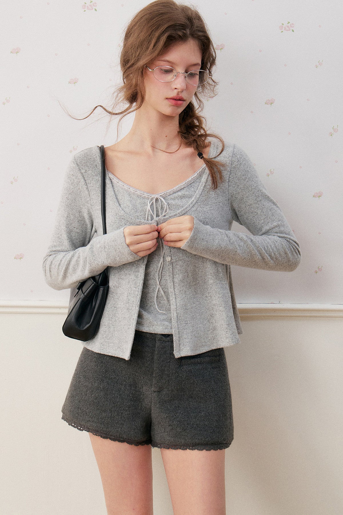 Lace-Up V-Neck Cardigan and Ruffle Hem Vest Set