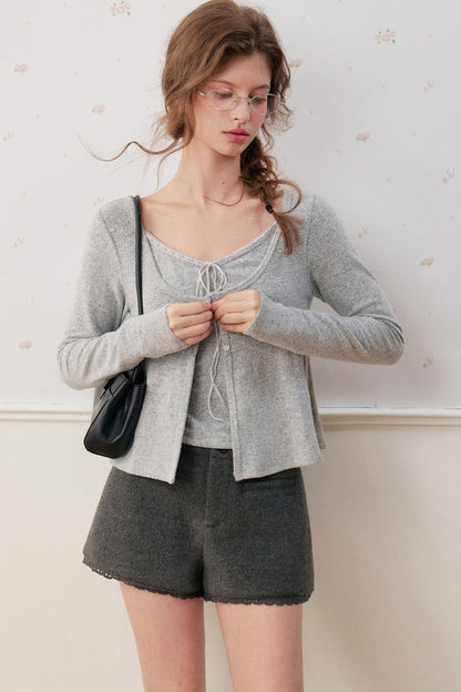 Lace-Up V-Neck Cardigan and Ruffle Hem Vest Set