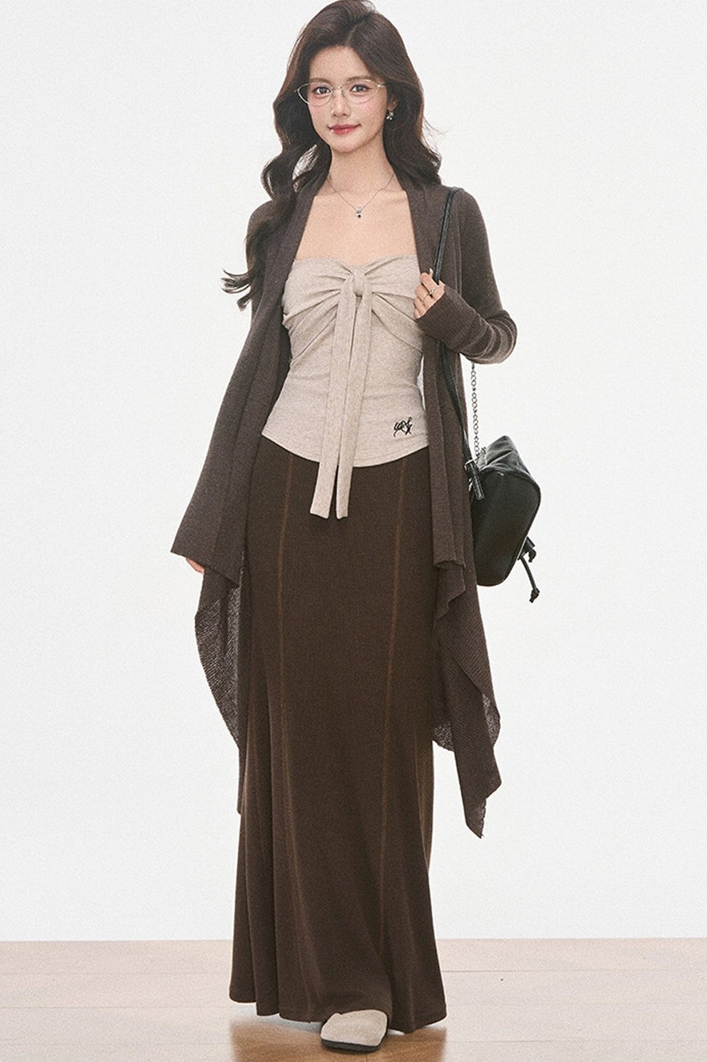 Ensemble 3 pièces en maille irrégulière avec cardigan et jupe