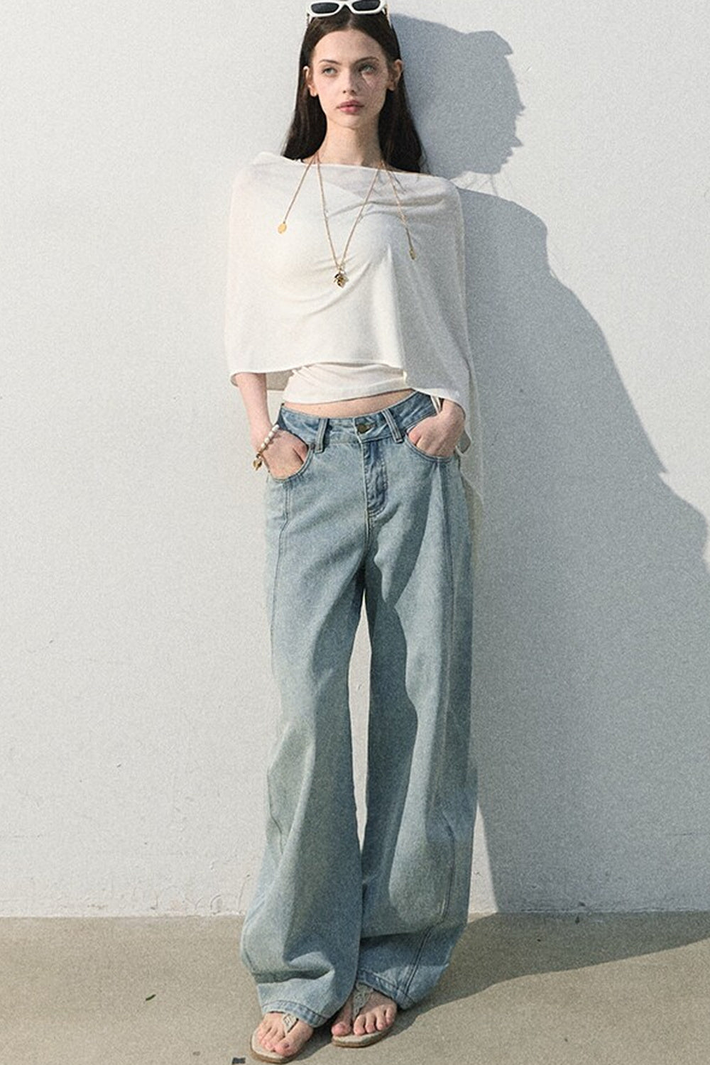 Pantaloni vintage in cotone effetto consumato a gamba larga