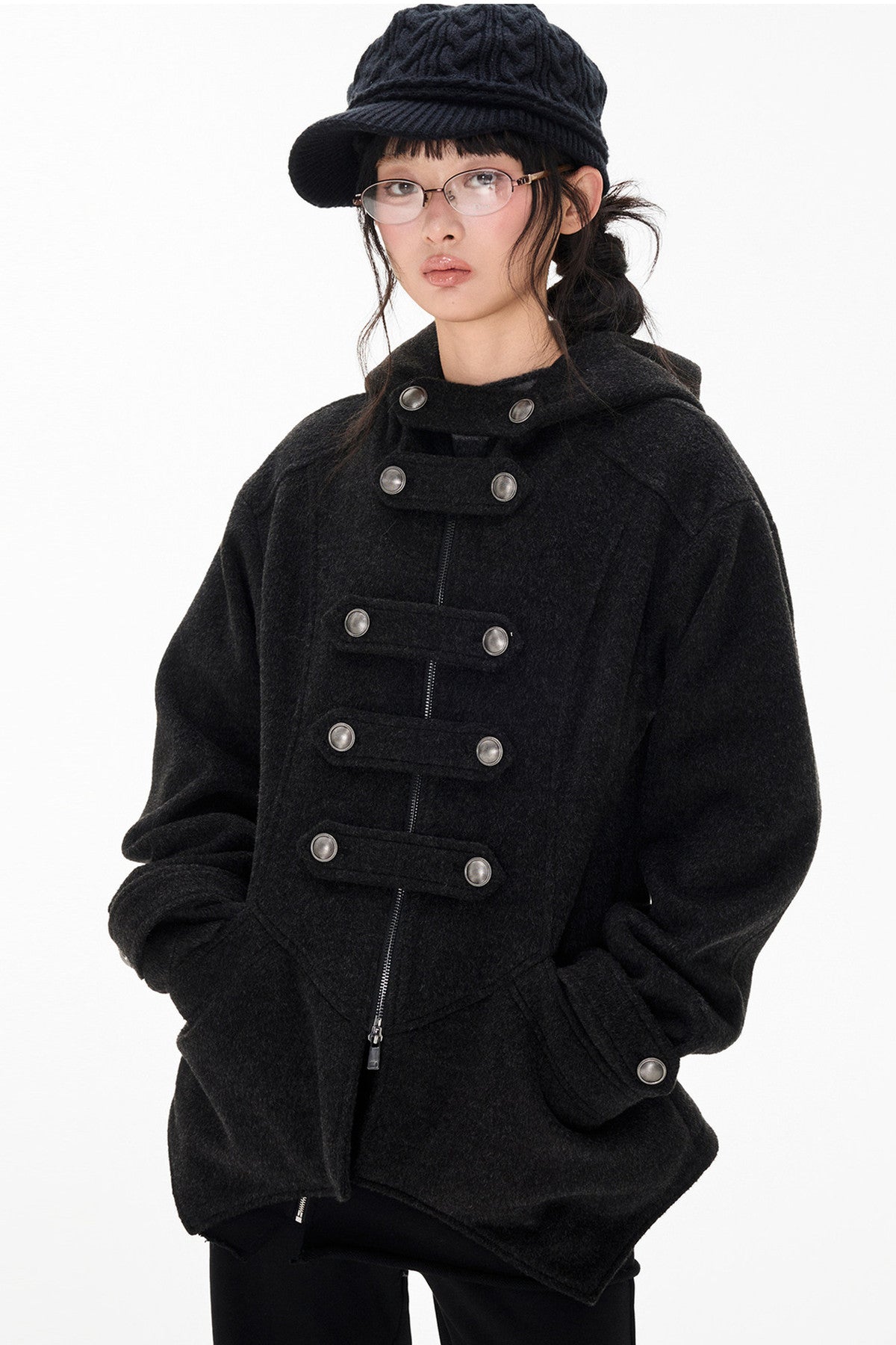 Woolen Hooded Irregular Hem Jacket
