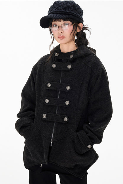 Woolen Hooded Irregular Hem Jacket