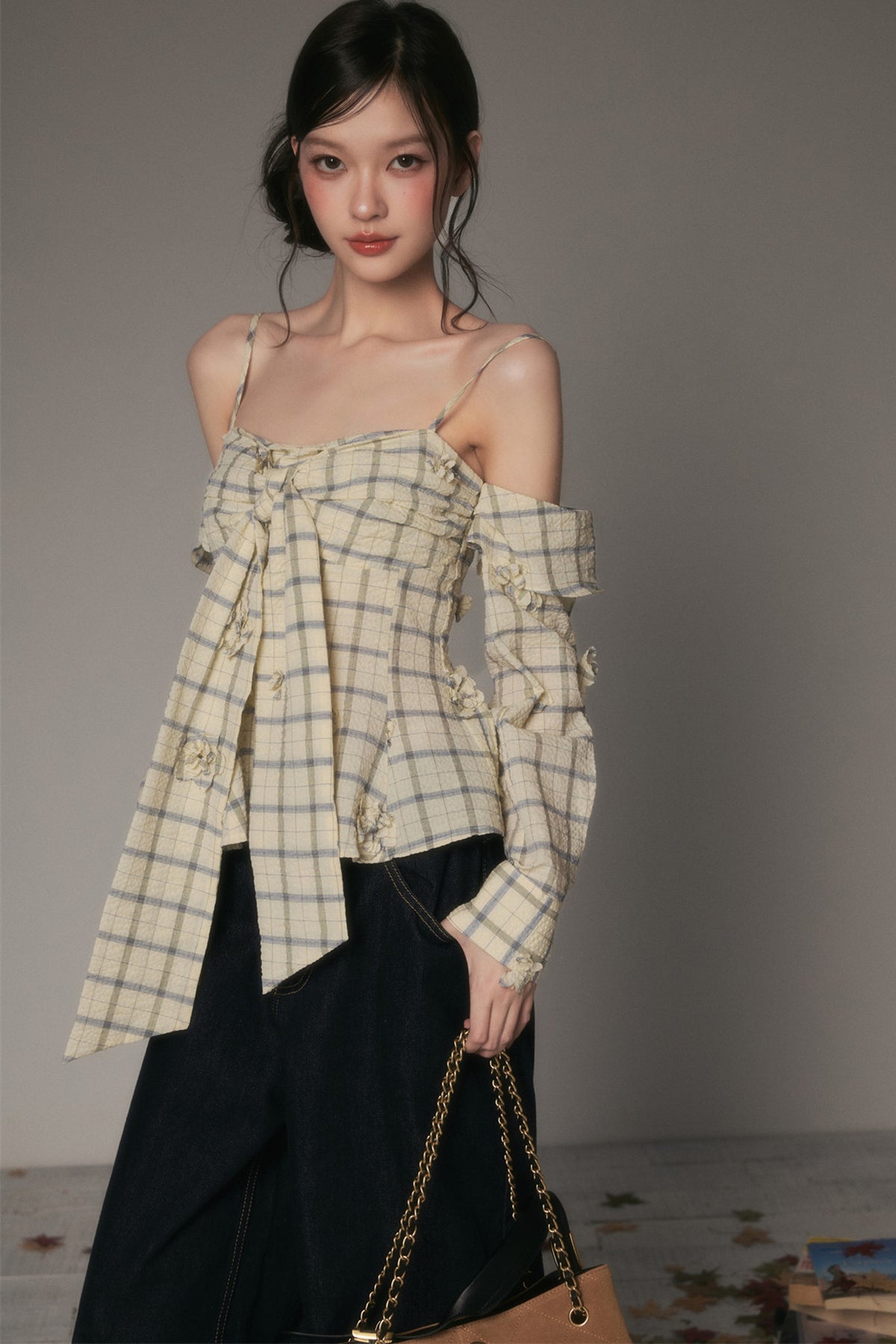 Bow-Tie Plaid Floral Long-Sleeve Tube Top